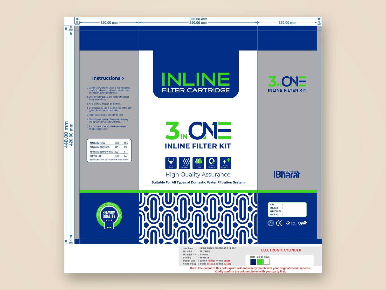 Print-ready artwork proof for the 3 in ONE inline filter cartridge pack, with dimensions and colour marks